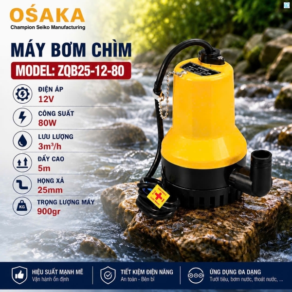 Máy bơm chìm OSAKA dùng để hút nước chống ngập, hút nước thải 12V DC công suất 80W | Máy bơm tõm