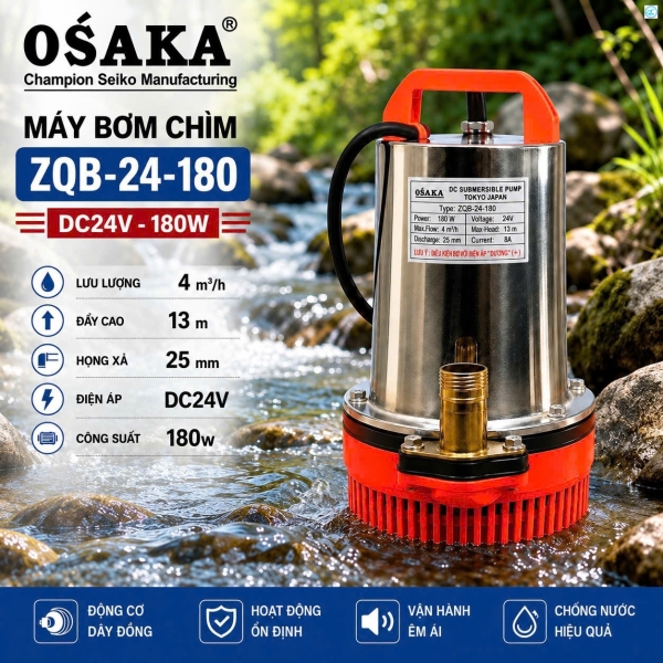 Máy bơm chìm Osaka ZQB-24 Có công suất 180W, lưu lượng và cột áp lớn, đảm bảo hiệu quả bơm nước tối ưu.